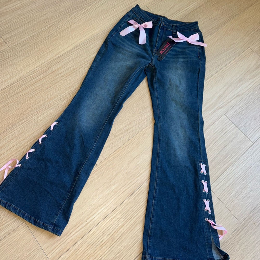 Dark Blue Flare Jeans with Light Pink Ribbon Accents